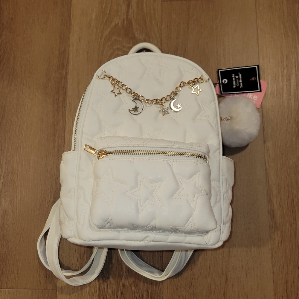 Like Dreams Quilted Stars and Moon Small White Backpack With Pom Pom New